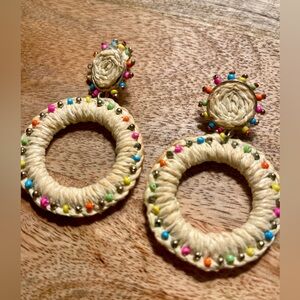 Cream Woven Hoop Earrings with Colorful Beads NWOT